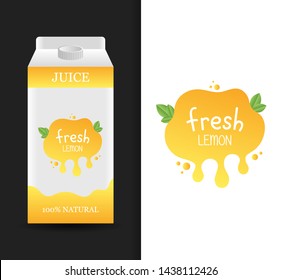 Blank lemon fresh juice carton branding box. Juice or milk cardboard package. Drink box. Modern vector illustration.