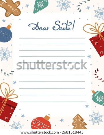 A blank letter of wishes for Santa, bordered with ornaments, gingerbread men, snowflakes, and gifts, promising a season of joy and festive anticipation.
