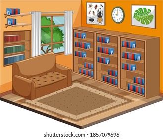 Ilustración de estilo de dibujos animados en el interior de la biblioteca en blanco