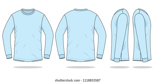 Blank Light Blue Long Sleeve T-shirt on White Background. Front, Back and Side Views, Vector File