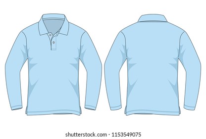 Blank light blue long sleeve polo shirt for template on white background.Front and back view.