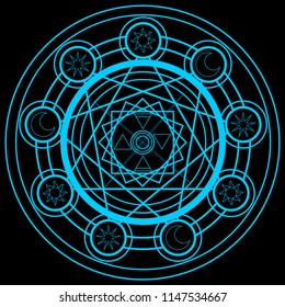 Blank light blue magic circle to fill each of magical alphabets that contain tree of sun, moon, star and four alchemy symbols fire, water, earth, air for games, animations, books, fiction and etc.