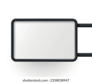 Plantilla de la caja de luz en blanco con el soporte del lado del marco negro de plástico ilustración vectorial realista. Pantalla de visualización digital de cartelera comercial publicitaria para la promoción de marketing panel de señalización rectangular vacío