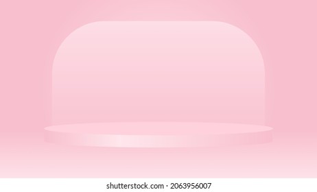 blank light pink round pedestal. metallic circular podium for outstanding luxury product advertising display base on pink background