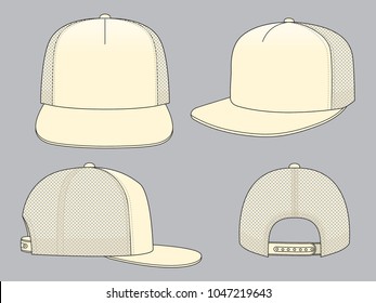 Blank Light Yellow 5-Panels Hip Hop Cap with Mesh Back, Adjustable Snap Back Closure Template on Gray Background, Vector File.