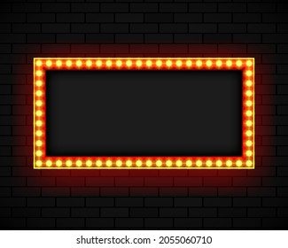 Blank lightbox on brick wall background. Illuminated lightbox screen with blank space for design. Vector illustration.