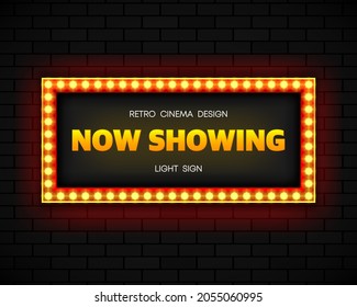 Blank lightbox on brick wall background. Text on the banner Now Showing. Illuminated lightbox screen. Vector illustration.