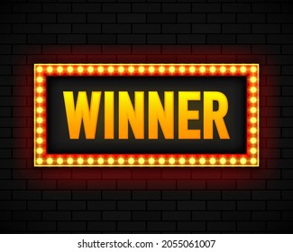 Blank lightbox on brick wall background. Text on the banner Winner. Illuminated lightbox screen. Vector illustration.