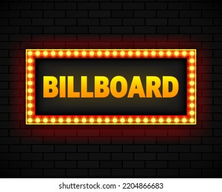 Blank lightbox on brick wall background. Text on the banner Billboard. Illuminated lightbox screen. Vector illustration.