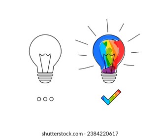 A blank lightbulb and a colorful light bulb as creative idea and comparison concept. Vector illustration, drawing and doodle in line art with rainbow colors.