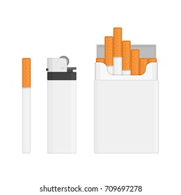 Blank lighter, pack of cigarettes isolated on white background. The nicotine dependence, smoking or tobacco concepts. Set for smokers. Vector illustration in flat style. EPS 10.
