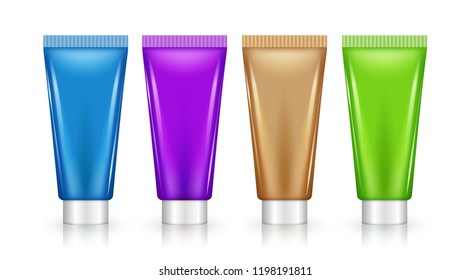 Blank lilac cosmetic tube design set mockup. Beauty care cream or gel plastic package.