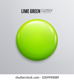 Blank lime green glossy badge or button. 3d render. Round plastic pin, emblem, volunteer label. Vector.