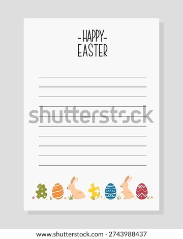 Blank and Line Writing Paper with Easter pattern of Bunnies and colorful Eggs. Happy Easter lettering. Template for print, planner, diary, agenda, shopping, organizer, to do list, notes, greeting.