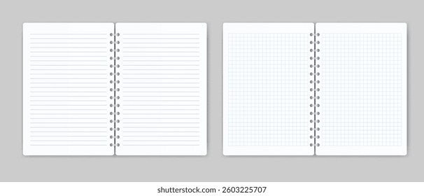 Blank lined and cell notebook vector mockup. Spiral copybook or organizer