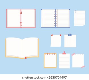 blank lined note with binder clip, blank notebook background, blank memo with adhesive tape, empty sheet with pushpin, blank line notebook frame for presentation illustration  