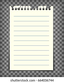 Blank lined note book page with torn edge. Notepaper mockup. Graphic design element for text, advertisement, doodle, sketch, scrapbooking. Paper piece with lines. Realistic vector illustration