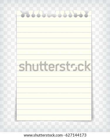 Blank lined note book page with torn edge. Notepaper mockup. Graphic design element for text, advertisement, doodle, sketch, scrapbooking. Paper piece with lines. Realistic vector illustration