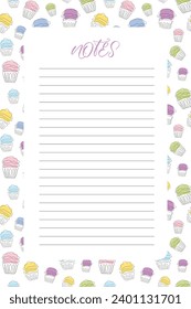 Blank lined note paper with a colorful cupcake border. Continuous one line drawing style. Vector illustration. Perfect for journaling, scrapbooking, note taking, planners or recipe books