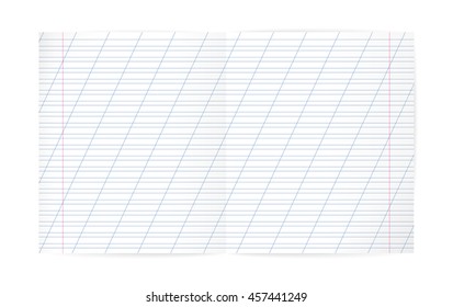 Blank lined notebook with lines, oblique diagonal lines and red margin. Double Exercise page for calligraphy