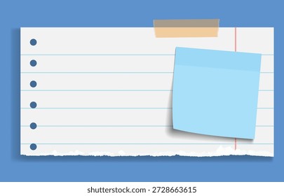 Blank Lined Notebook Paper with Blue Sticky Note and Masking Tape, Empty Notepad Sheet for Memo, To-Do List or Reminder, Copy Space Background
