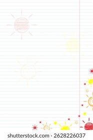 Blank lined notebook paper with charcoal doodle suns. Vector. Children's scribbles with summer and sunny mood.