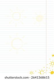Blank lined notebook paper with charcoal suns. Vector. Children's doodles with summer and sunny mood.
