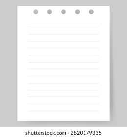 Blank lined notebook paper sheet template with ruled lines and binder holes for notes, writing, school, office, stationery, templates, mockups, planners, and educational designs. Vector