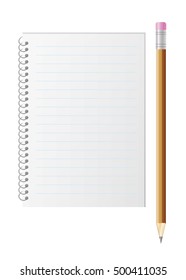 Blank lined paper and pencil with eraser. Illustration with writing tools isolated on white background.