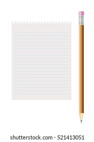 Blank lined paper and pencil with eraser. Illustration with writing tools isolated on white background.