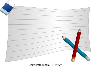 Blank lined paper with red and blue pencils and a rubber