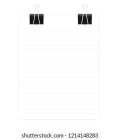 Blank lined paper sheet with two black binder clips isolated on white background. Vector mock-up for design.