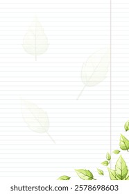 Blank lined sheet of notebook paper with stylized green leaves in flat style. Vector. Leaves are scattered across the paper, creating a sense of movement and energy.