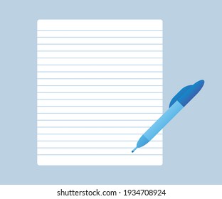 Blank lined sheet page of diary note paper, letter, document or notebook with pen vector illustration.