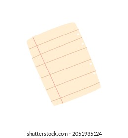 Hoja de papel en blanco del cuaderno escolar. Pieza de bloc de notas desgarrada vacía con márgenes. Página A5 independiente del bloc de notas. Ilustración vectorial plana aislada en fondo blanco