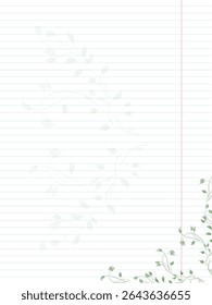 Folha listrada em branco com galhos e folhas verde aquarela. Vetor.