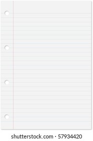 Blank Lined White Paper Sheet From Notebook Background With Blue Lines, Margin And Holes Vector With Copy Space.
