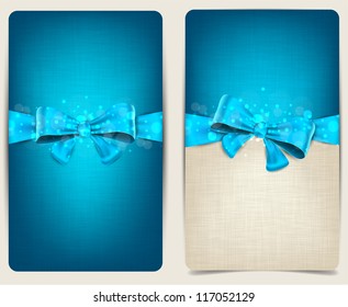 Blank linen backgrounds with blue bow. Vector eps10.