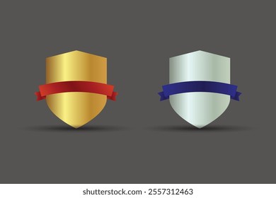 Blank logo shield with golden and silver colors used for security, business, organization, brand purpose, and value. Collection of blank shield badges with ribbons illustration design.