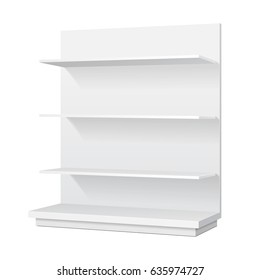 Blank Long Empty Showcase Display With Retail Shelves. Perspective View 3D. Illustration Isolated On White Background. Mock Up Template Ready For Your Design. Product Advertising. Vector EPS10
