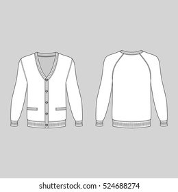 Blank long sleeve raglan cardigan outlined template (front & back view), vector illustration isolated on grey background