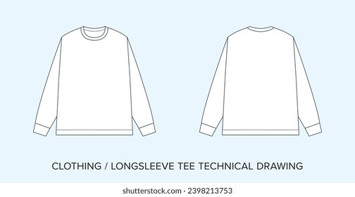 Blank Long-Ärmel Tee Technical Drawing, Bekleidungskonzept für Modedesigner. Detaillierte Bearbeitbare Vektorgrafik, Schwarz-Weiß-Bekleidungsschemata, isolierter Hintergrund