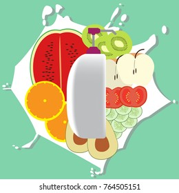 blank lotion container with fruits background and cream