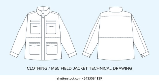 Blank M65 Jacket Technical Drawing, Apparel Blueprint for Fashion Designers. Detailed Editable Vector Illustration, Black and White Clothing Schematics, Isolated Background