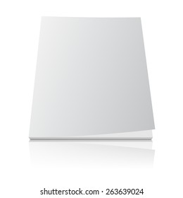 Blank magazine template cover with curled corner and reflection effect on white background.