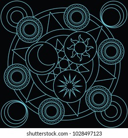 Blank magic circle with sun moon star and six blank
elements symbols for fill spell.