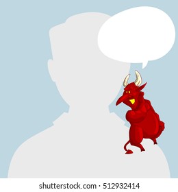 Blank male avatar or profile picture with devil conscience character on his shoulder advising him.