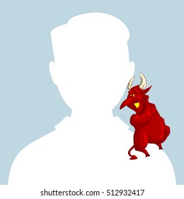 Blank male avatar or profile picture with devil conscience character on his shoulder advising him.