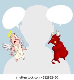 Blank male avatar or profile picture with angel and devil conscience characters on his shoulder advising him.