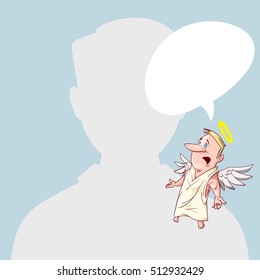 Blank male avatar or profile picture with angel conscience character on his shoulder advising him.